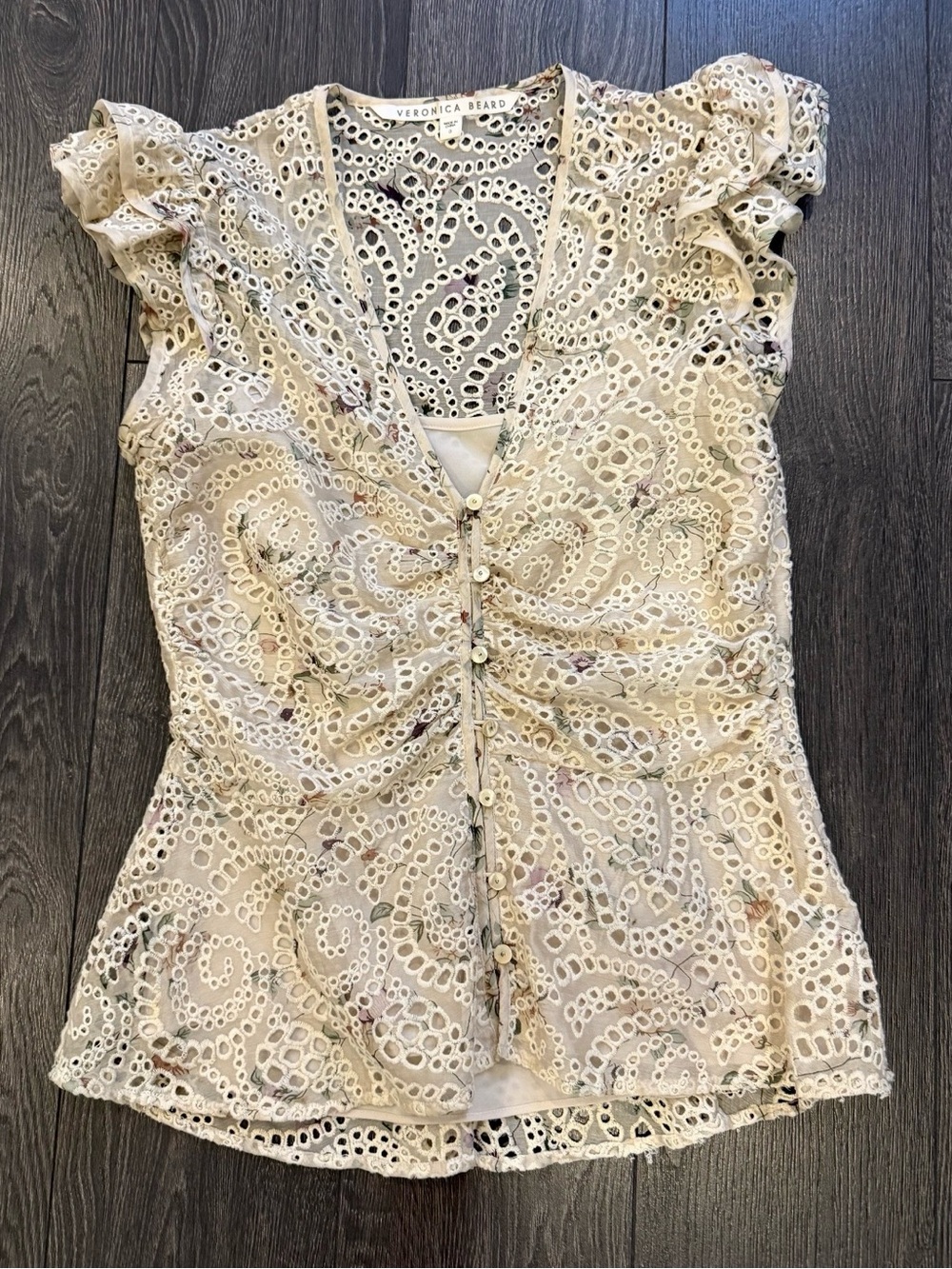 Veronica Beard Ivory Eyelet Button-Up Ruffle Sleeve Blouse
